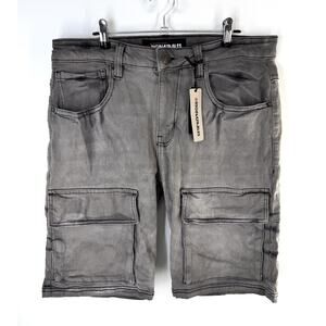 Original Fables Denim Shorts Cargo Pocket Gray Distressed Wash Size 36 Stretch